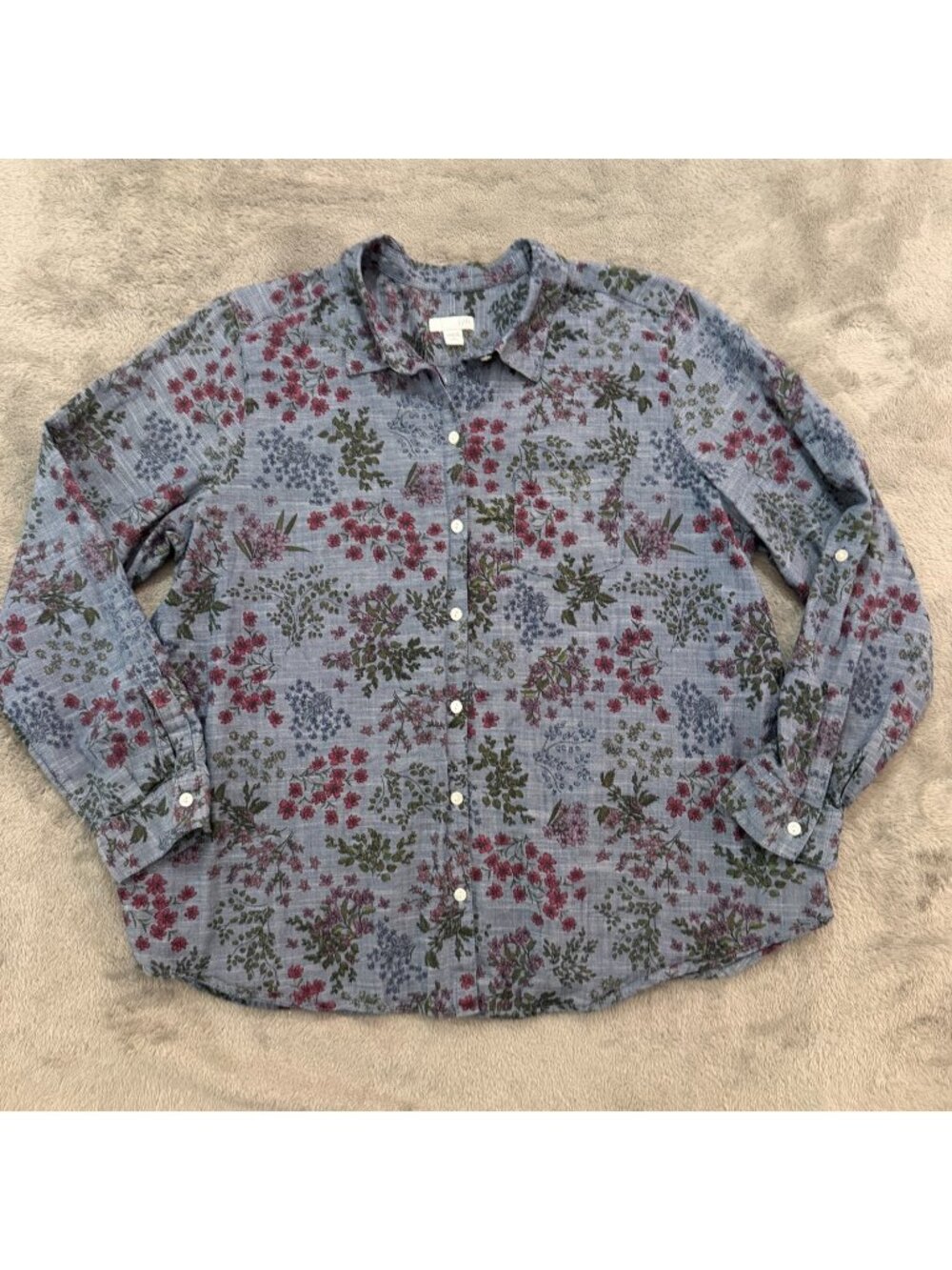Talbots 100% Cotton Button Up Long Sleeve Blouse Large Petite LP Blue Floral